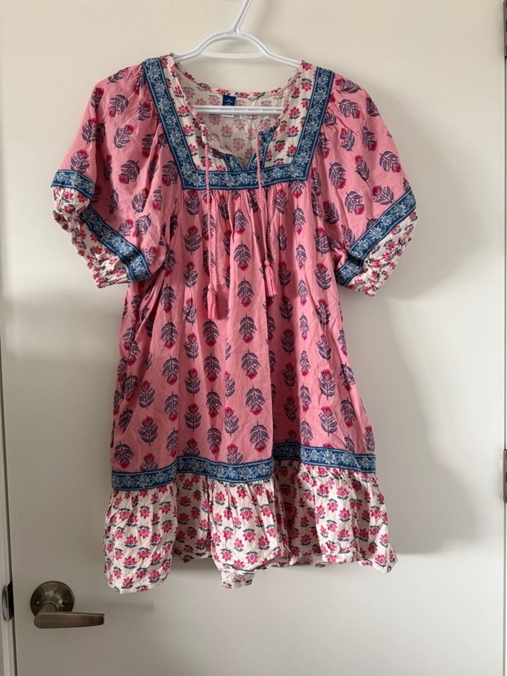 Boho Pink Floral Tunic Dress with Blue Trim